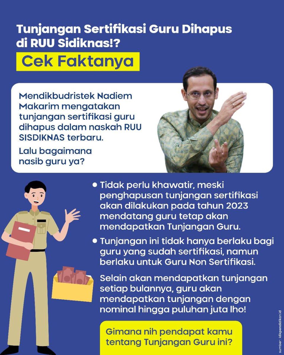 wholesame's tweet photo. wah ternyata pak nadiem memperbaiki tunjangan untuk guru. harapan saya di Puncak Hari Guru ini, guru-guru kita semakin sejahtera #SerentakBerinovasi yeyyy https://t.co/LXuoF4VFqZ