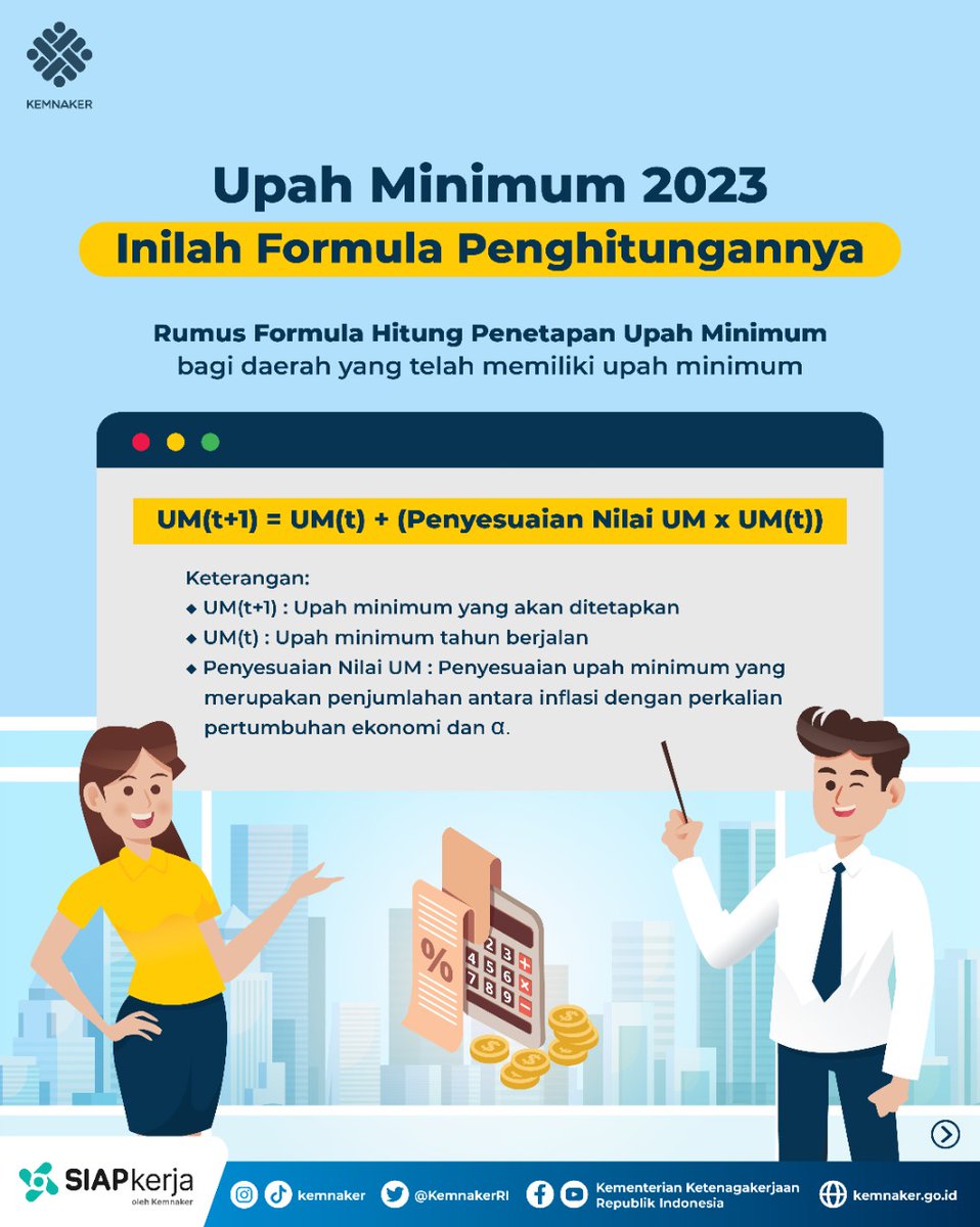 KemnakerRI's tweet photo. Yuk ketahui formula penghitungan Upah Minimum 2023 😊

#UpahMinimum #UpahMinimum2023 https://t.co/lLd0AQ0WSB