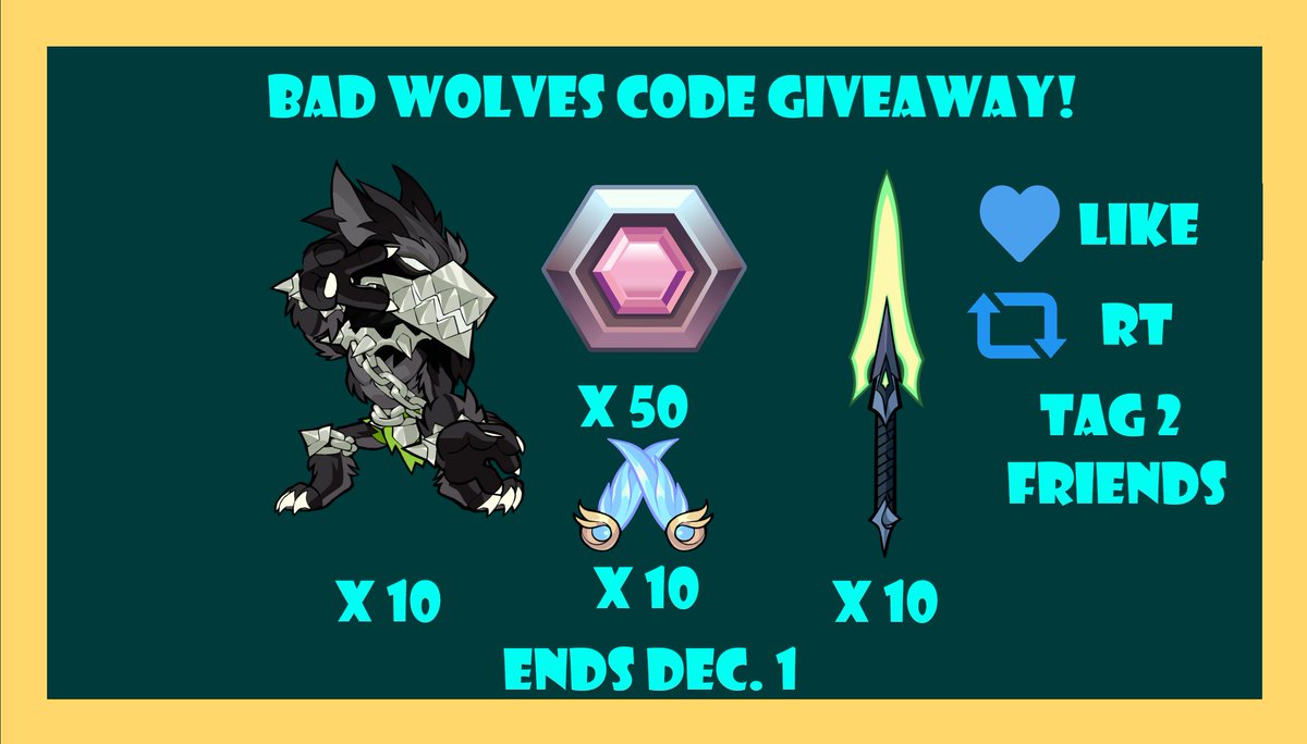 BadWolvesBH's tweet image. Let's get things started with a giveaway!

50 CC V2s (5 winners 10x each)

10 Charity Katars 

10 Occult Greatswords

10 Peace Sign Emotes

10 winners each ^

HOW TO ENTER:

👍Like
♻️Retweet
TAG 2⃣ friends!

Giveaway ends December 1st. Good luck!

#Brawlhalla #Giveaway