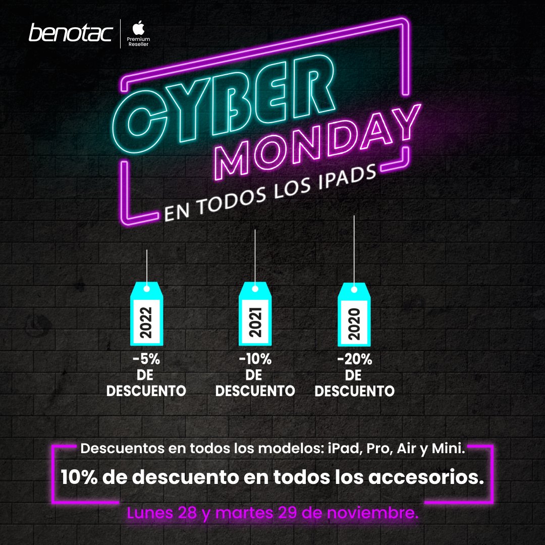 Benotac's tweet photo. ¿Te perdiste las ofertas del Black Friday?🖤
¡No problem! ✋🏼Ya está aquí nuestro CyberMonday (y CyberTuesday)🎉🥳

Para más info 👉🏻 haznos una visita a nuestra tienda en 🌐 https://t.co/fCLruLshGh

#iPadPro #CyberMonday #Apple #salehere #discount #Spain #Madrid https://t.co/uUsixahA6w
