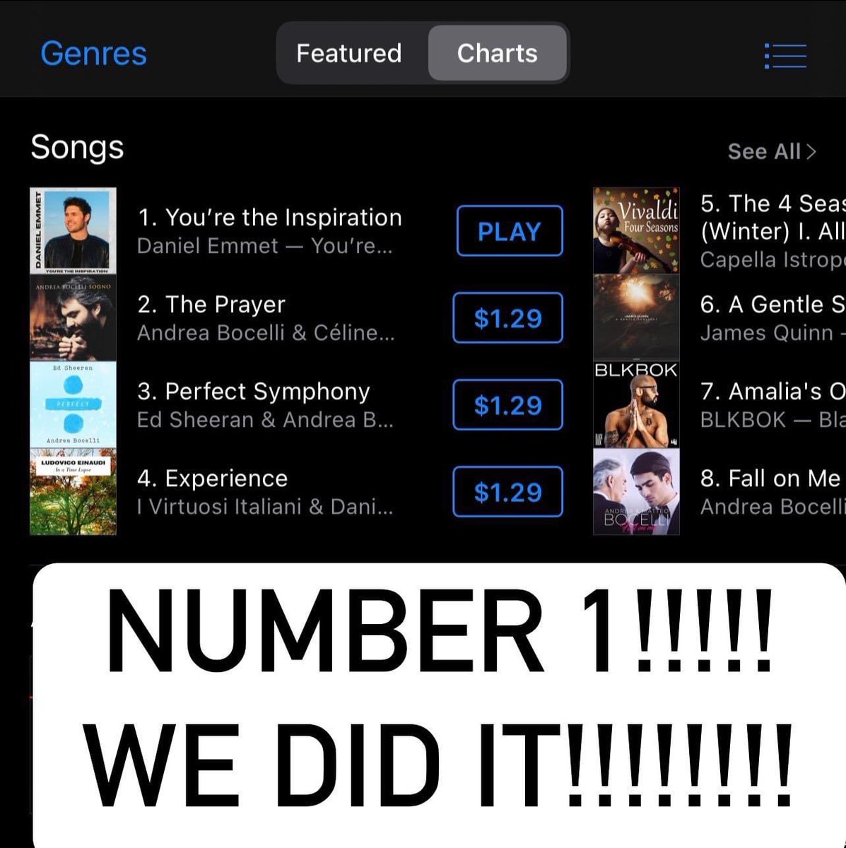 WE DID IT!! Number 1 song on iTunes classical!!!! Thank you all so much!!!! What a way to kick off the holiday season!!! YOU ALL are my inspiration! #danielemmet #newsong #agt #onthecharts