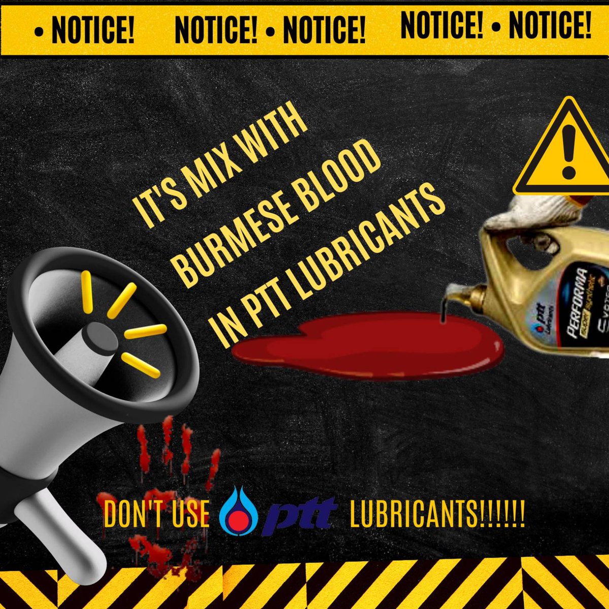 Don't use <a href="/pttplc_official/">PTT Public Company Limited</a>  PTT lubricants!

It's mixed with Burmese blood in ptt lubricants.