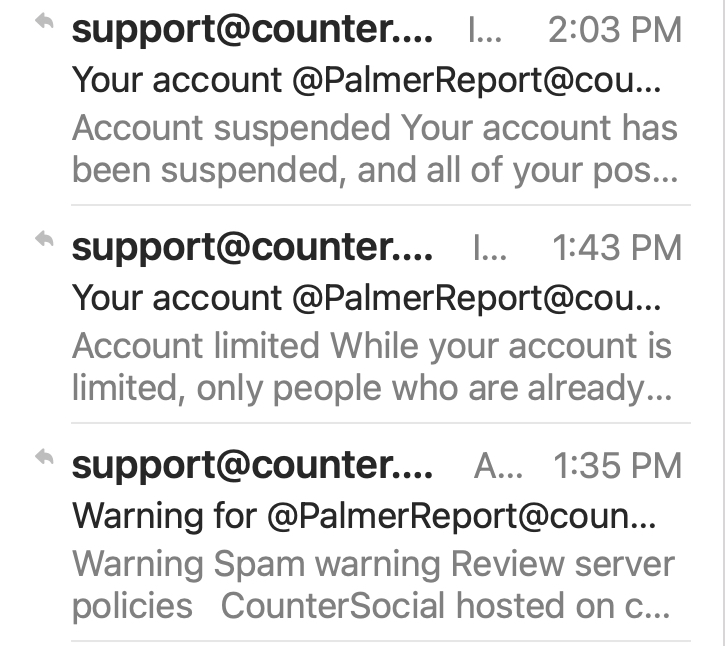 PalmerReport's tweet photo. The unhinged owner of CounterSocial can claim all he wants that he 'warned, limited, and then suspended' Palmer Report, as if we kept breaking the rules and he had no choice. But here's proof that the entire process played out in 28 minutes, during which time we made zero posts: https://t.co/KlFor8Eega