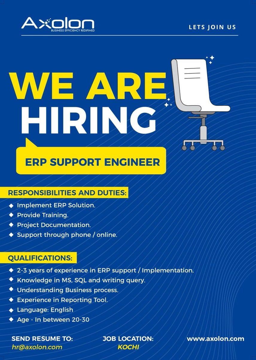 We are looking for an ERP support engineer!!
Interested candidates can send their CV to hr@axolon.com

linkedin.com/posts/athul-k-…

#hiring #windowsdevoloper #jobseekers #jobhiring #jobalert #ERPsupport #erpsoftware #erpsolutions #erpimplementation #Axolon #AxolonERP