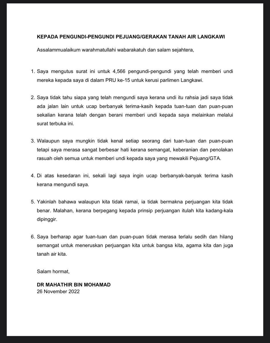 chedetofficial's tweet photo. Assalammualaikum warahmatullahi wabarakatuh dan salam sejahtera.

Saya mengutus surat ini untuk 4,566 pengundi-pengundi yang telah memberi undi mereka kepada saya di dalam PRU ke-15 untuk kerusi parlimen Langkawi. https://t.co/ryJT1mz8Hs