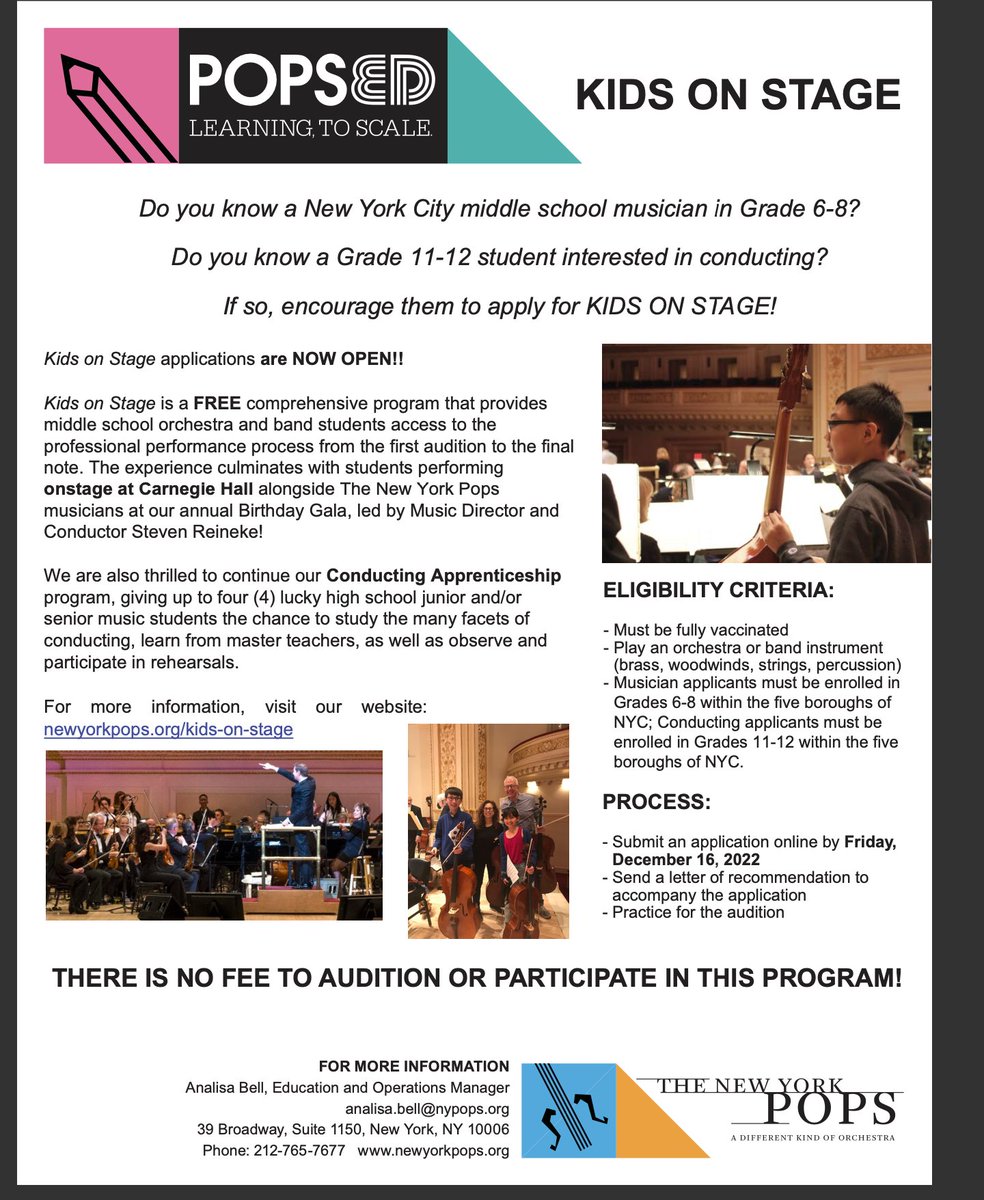 ms202chorus's tweet photo. KIDS ON STAGE Application due by December 16th, 2022! 

Do you know a New York City middle school musician in Grade 6-8? Do you know a Grade 11-12 student interested in conducting?
If so, encourage them to apply for KIDS ON STAGE! https://t.co/5ZVytRDHcL