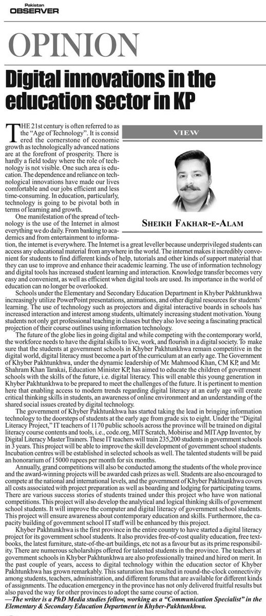 KPESED's tweet photo. An Article regarding "Digital Innovations in the Education Sector in KP" specifically covering the leading Initiative of E&amp;SED "Digital Literacy Project" , published today in "Pakistan Observer" , written by @ShFakharA , Communication Specialist, E&amp;SED. https://t.co/QHRcNP2jzQ