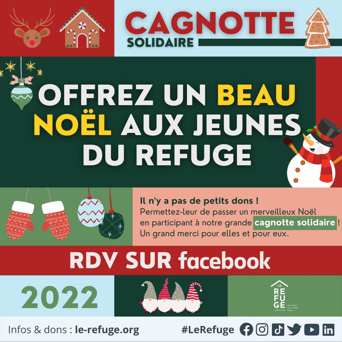 🎄 #Noël2022 | Cette année encore, et pour la dixième année consécutive, nous vous invitons à participer à notre cagnotte solidaire “Offrez un beau Noël aux jeunes du #LeRefuge” sur Facebook !

🔗 Rendez-vous sur ce lien : fb.com/FondationLeRef…