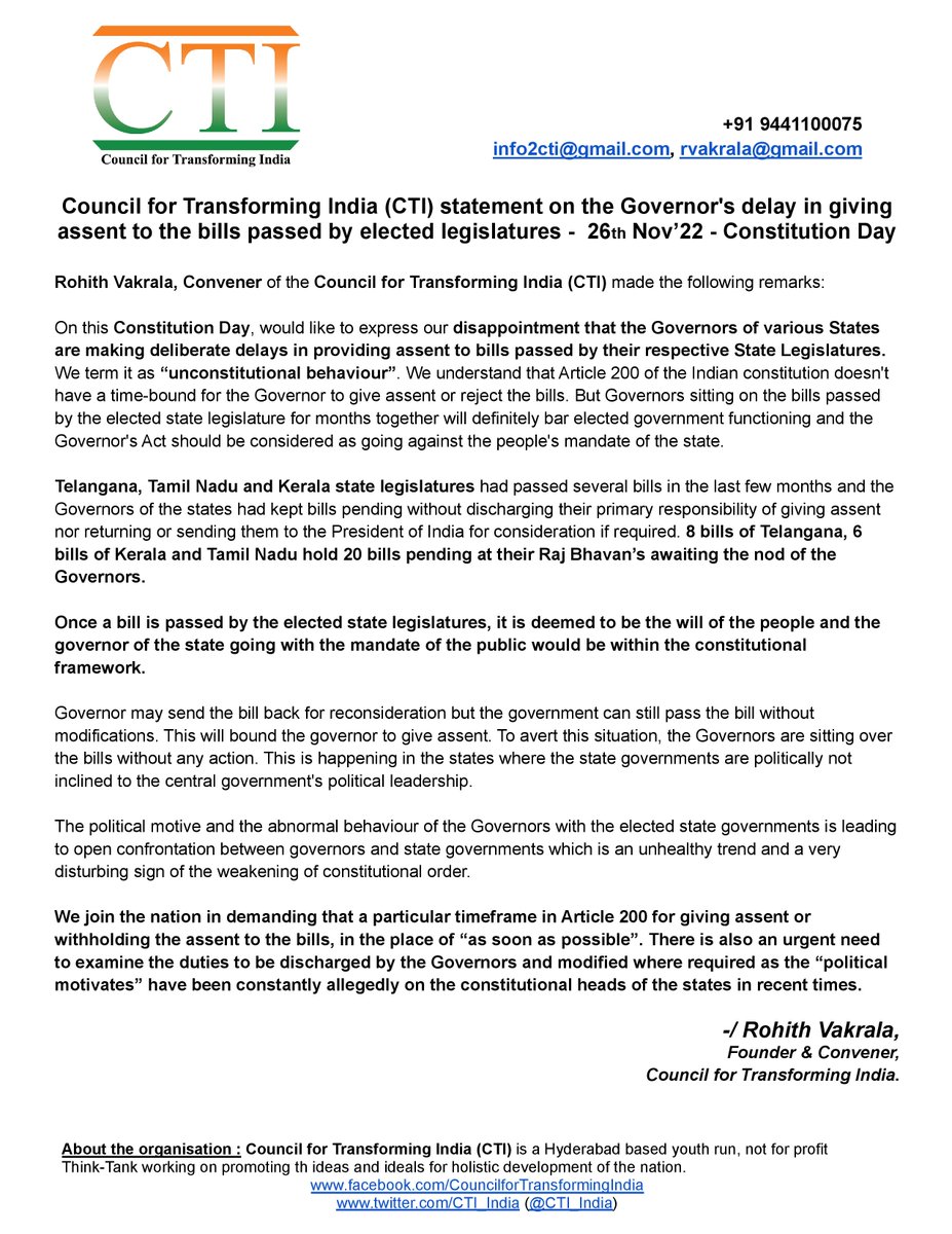 CTI_India's tweet photo. On this #ConstitutionDay; #CTI would like to express our disappointment that the #Governor's of various States are making deliberate delays in providing assent to bills passed by their respective State Legislatures. We term it as “unconstitutional behaviour”.

@RohithVakrala https://t.co/mtiJhJVpdQ