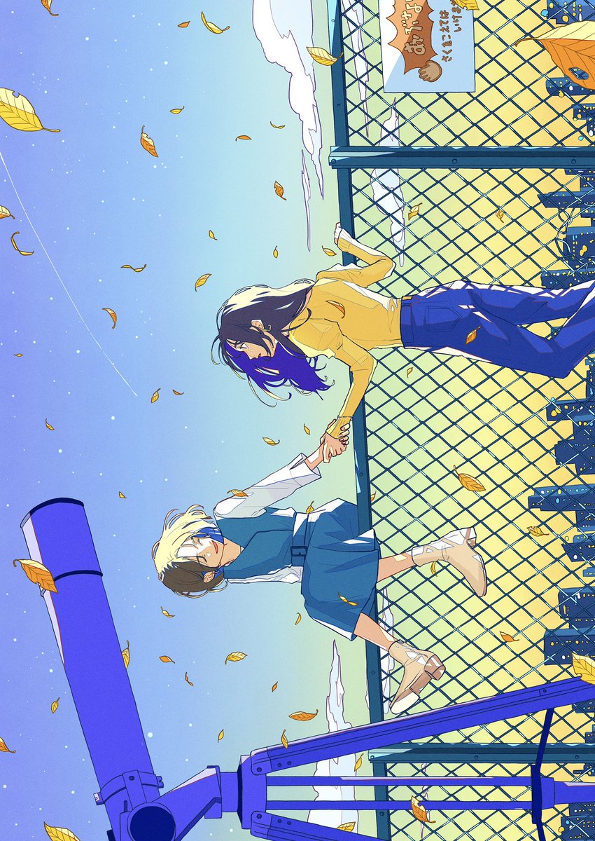 multiple girls 2girls holding hands sky fence long hair leaf  illustration images