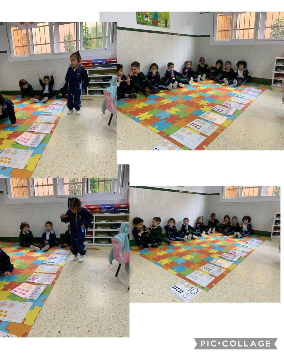Con estos carteles de los números, nos hemos iniciado en el conteo del 1 al 10 con actividades que implican movimiento de nuestro cuerpo. Nos estamos iniciando en la relación número - cantidad utilizando materiales que tenemos en el aula, en este caso bolitas de plástilina.
