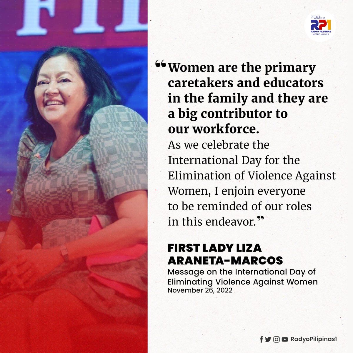 radyopilipinas1's tweet photo. Suportado ni First Lady Liza Araneta-Marcos ang mga hakbang na makakatulong sa pagprotekta sa mga karapatan ng mga kababaihan laban sa iba't ibang klase ng karahasan. https://t.co/L1gczYnuDu