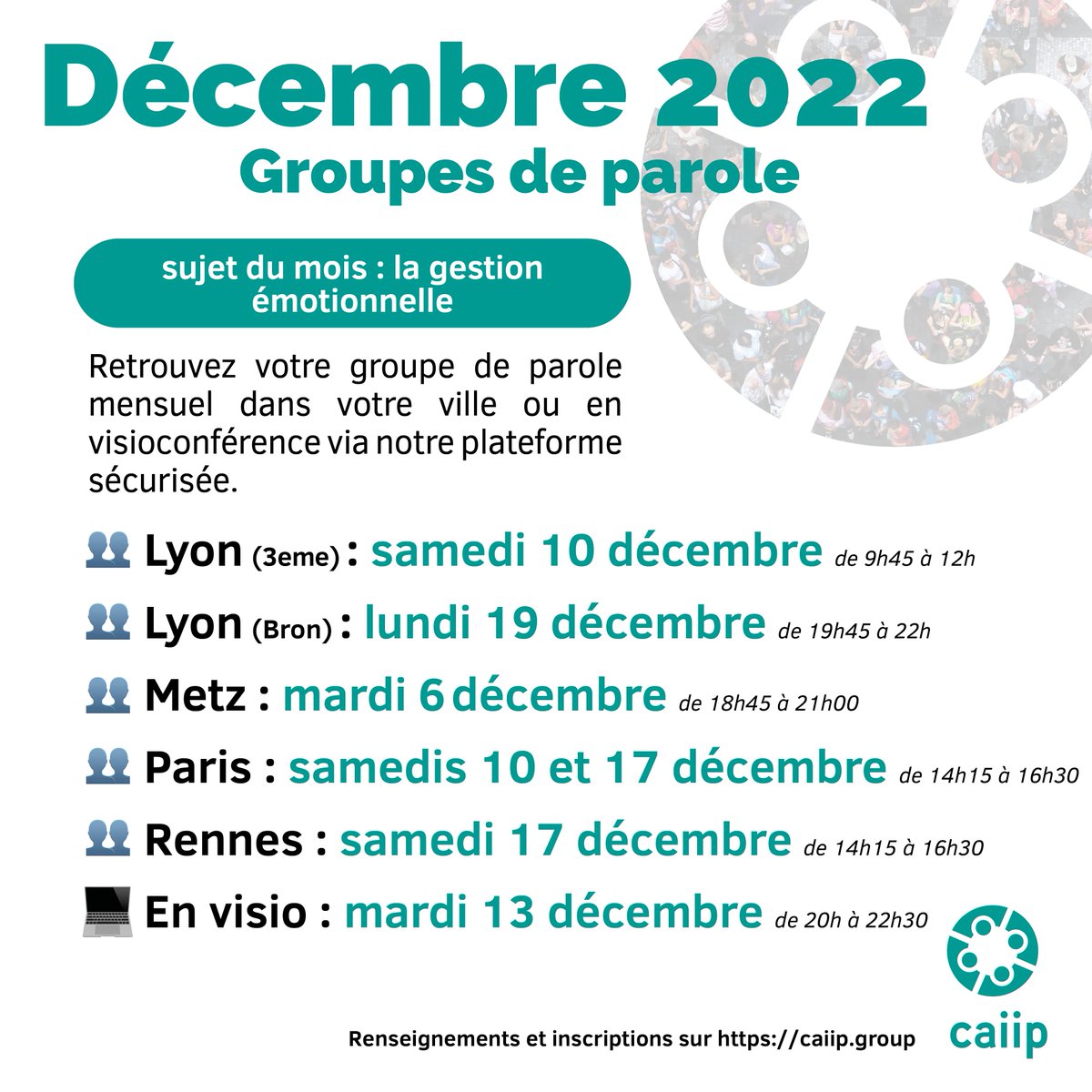 CaiipOrg's tweet image. Les groupes de décembre ! Sujet d'échanges : la gestion émotionnelle. Renseignements et réservation : shorturl.at/fgSV7
Pour y assister (ou nous soutenir), une inscription gratuite à l'asso est demandée : shorturl.at/oyJPS
#metooinceste #metoo #groupesdeparole
