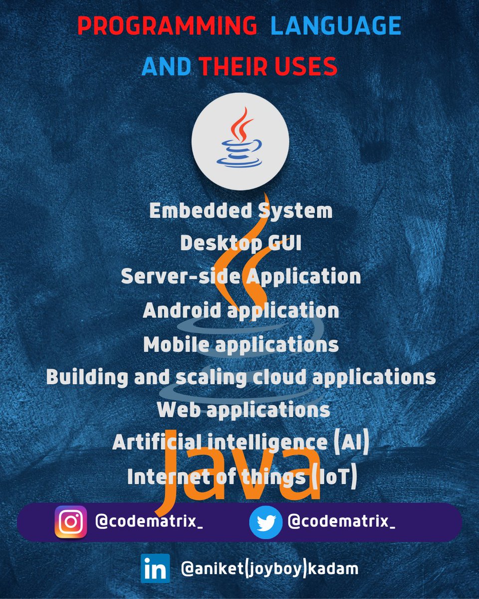 CODE_MATRIXX's tweet image. Programming language and their uses👍
.
.
.
.
.
#javascript #html #css #js #developer #webdev #react #webdeveloper #frontend #backend #100daysofcode #frontenddeveloper #code #programming #trending #instatrend #css3 #tutorial #web #webdesign #cssdesign #projects #expressjs #Java