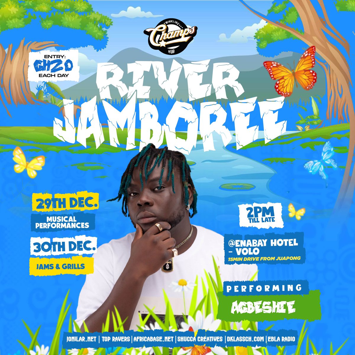 swizz_carter's tweet photo. Ewe Gang Boss, @AgbeshieMusic is bringing the yankey vibe to VOLO for #RiverJamboree on the 29th &amp; 30th December,2022. Grab your tickets now via MOMO PAY: 0597429935 | SA CHAMPS | @ChampsHubGH | #DecemberInGhana #Ghana #BeyondTheReturn #DecemberEvents https://t.co/ADgyBujKOY