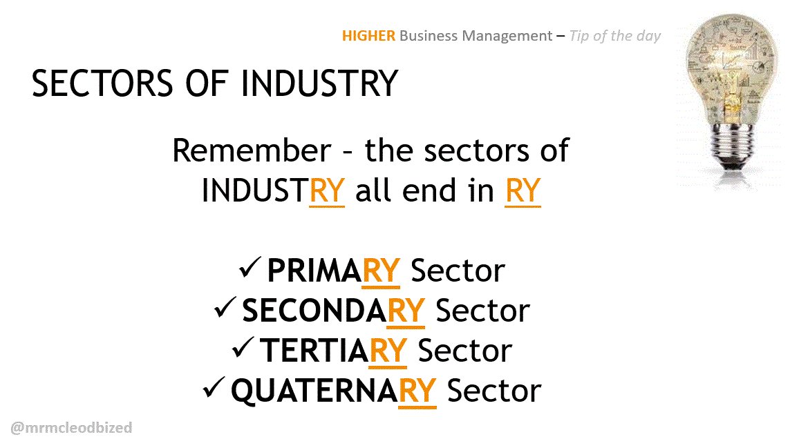Higher Business Management - Tip of the day! One of our favourite tips - a cheeky wee tip to remember the sectors of Industry! @auchmutyhs