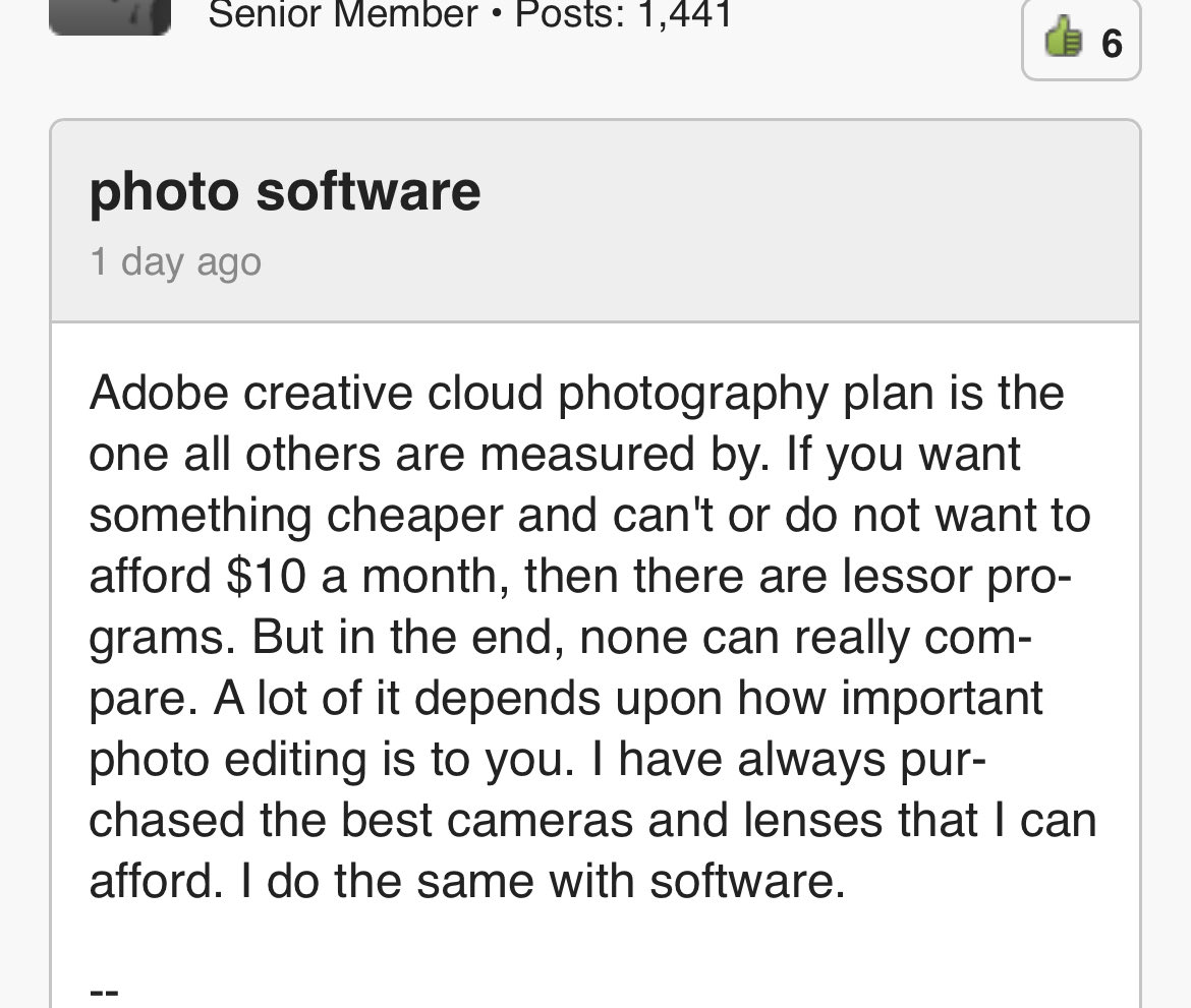 Usually get a chuckle from photography forums, apparently if you don’t use Adobe, you aren’t a proper photographer! Doubt their a fan of mobile photography either.