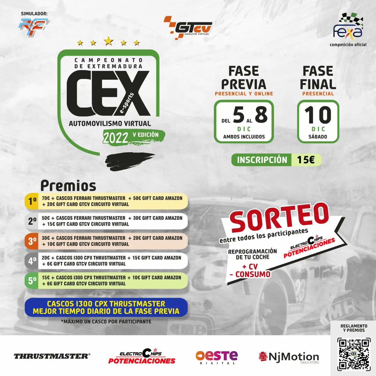 #CEX22 /// 💚🤍🖤 CAMPEONATO DE EXTREMADURA DE SIMRACING ¡Llegó el momento que estabas deseando! 🏆🏆🏆
.
¿Quieres ser el próximo campeón/a de Extremadura? ⚡😱
.
✔️Inscripciones abiertas
✔️Toda la información en el QR.
✔️Prueba oficial dentro del calendario FEXA
⬇️⬇️⬇️