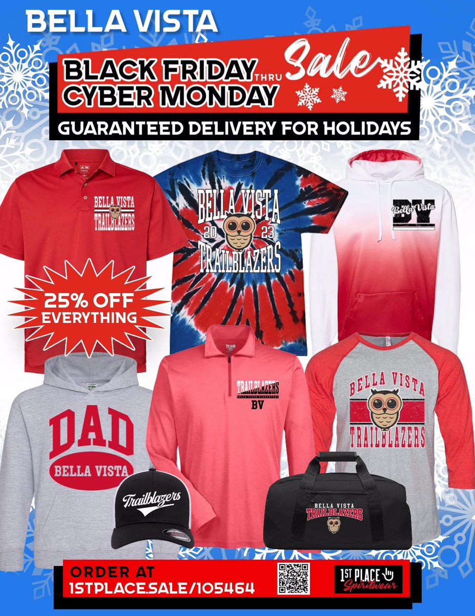 All Bella Vista Elementary spirit wear is 25% off from Black Friday thru Cyber Monday. Don’t Miss it!