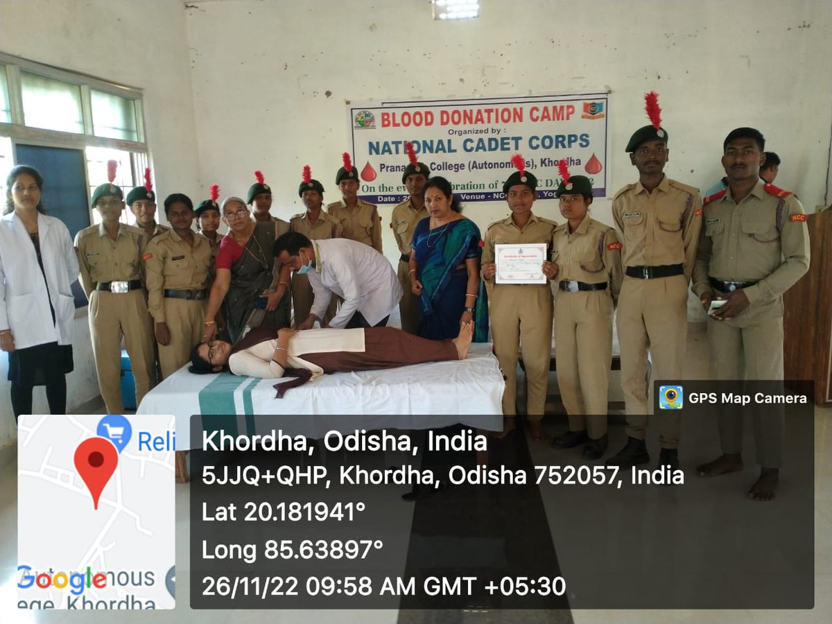 AsimaSatpathy's tweet photo. "Be the reason for someone's heartbeat" Blood donation camp is organised by NCC 1(O)Girl's BN BBSR, with 6 (O) BN NCC, Puri.
Prananath college (Autonomous) Khordha, 32 units of Blood is collected.  
ANO and 38 Cadets Participated. @kalinga_sagar @1OdishaGirlsBn @cuttack https://t.co/5BpS3Y5Urp