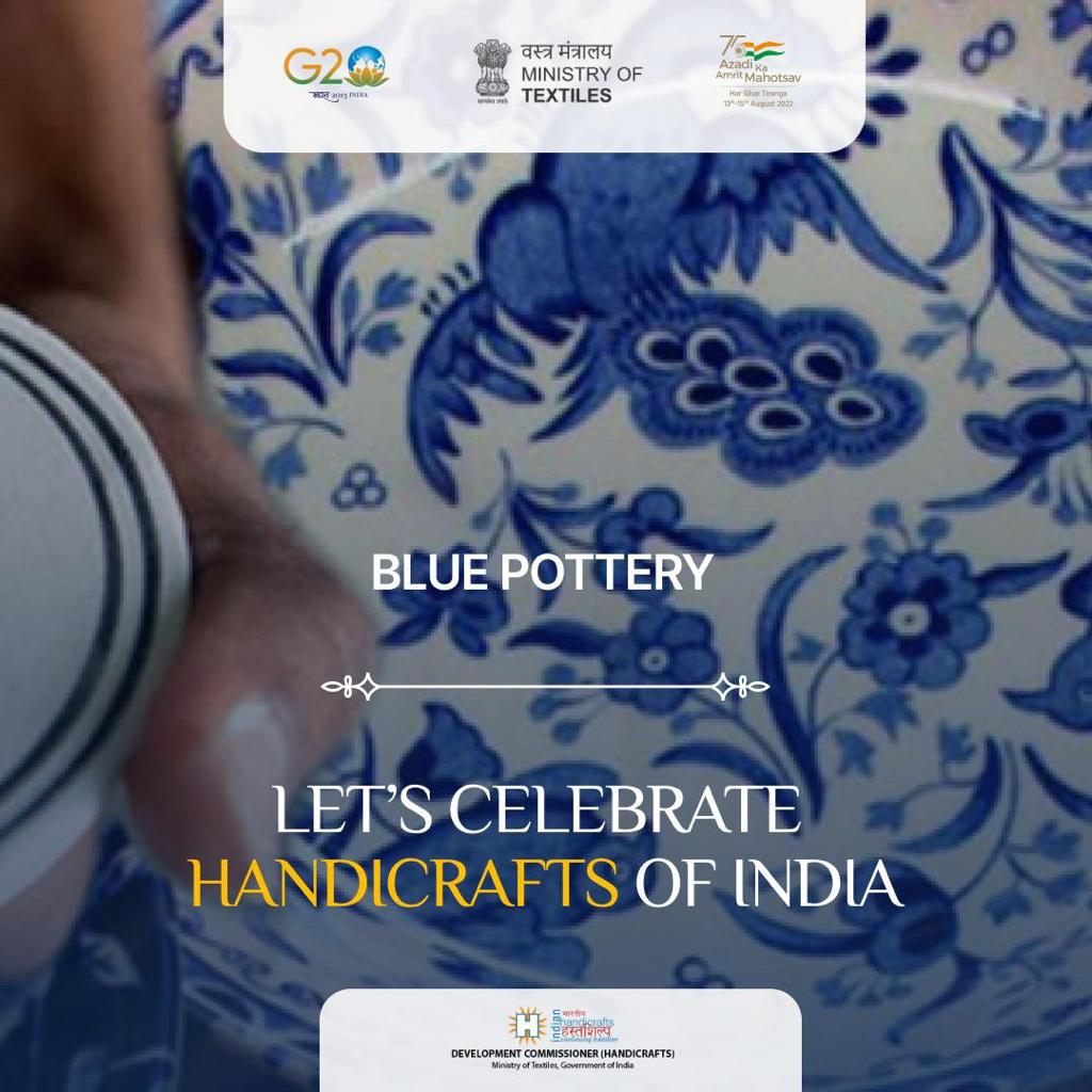 TexMinIndia's tweet photo. Blue Pottery is born when the clay is fired at very low temperatures in a complex and time-intensive procedure. Inspired by the nature, blue pottery profusely uses animal, bird and flower motifs with geometric proficiency.
#AtmanirbharBharat #textilesofindia #AzadiKaAmritMahotsav https://t.co/ALxQLbw8Fp
