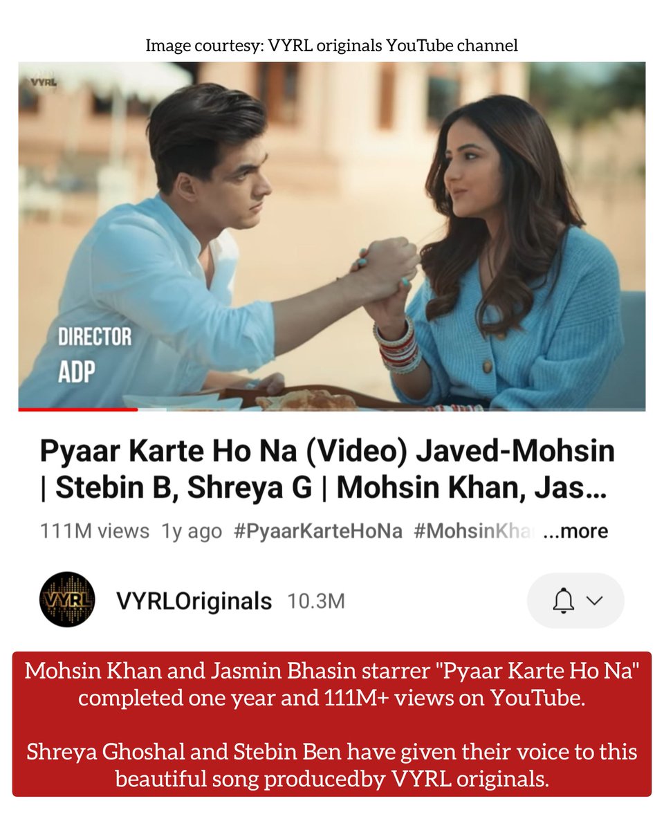 Mohsin Khan and Jasmin Bhasin starrer 'Pyaar Karte Ho Na' completed one year and has 111m+ views on YouTube.
#mohsinkhan #jasminbhasin #PyaarKarteHoNa