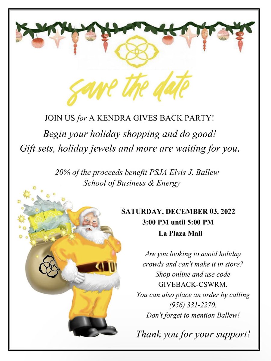 The countdown is on! Meet us next Saturday at Kendra Scott. Take care of holiday shopping and support our school!