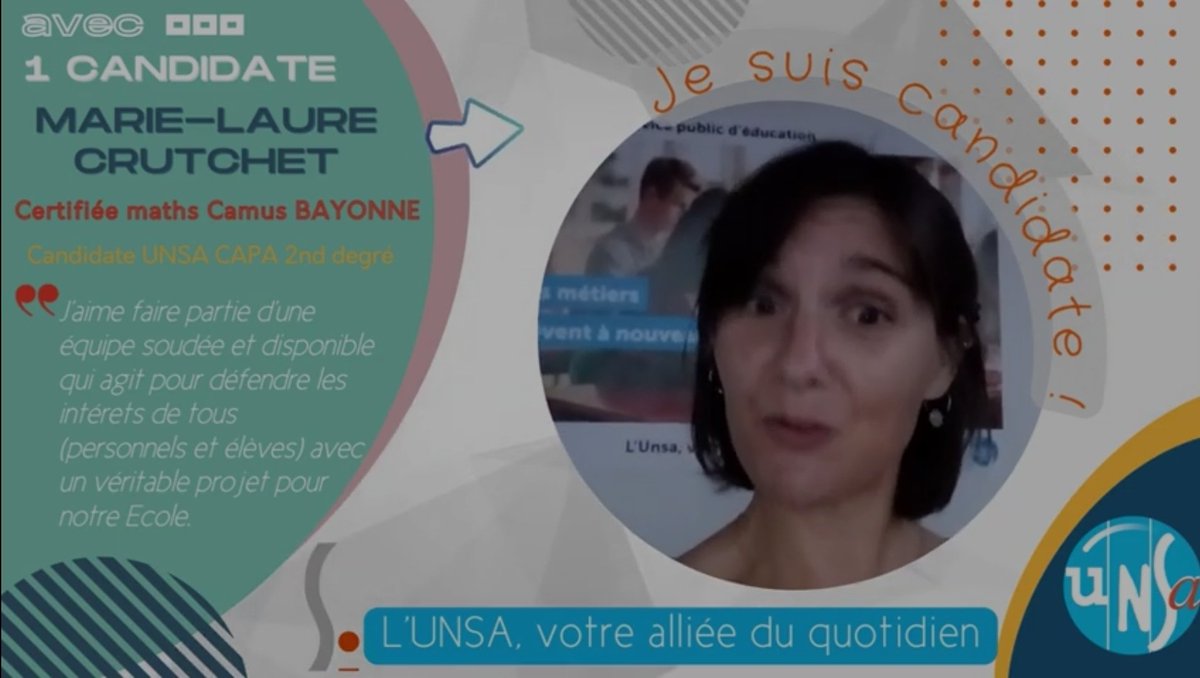 SEUNSA64's tweet photo. [1 jour, 1 candidat.e]

👉Marie-Laure CRUTCHET, Professeure de Mathématiques, Bayonne
“J'aime faire partie d'une équipe soudée et disponible qui agit pour défendre les intérêts de tous (personnels et élèves) avec un véritable projet pour notre Ecole.”
>>> https://t.co/9KBM5QSLOF https://t.co/XJEClKC1Dc