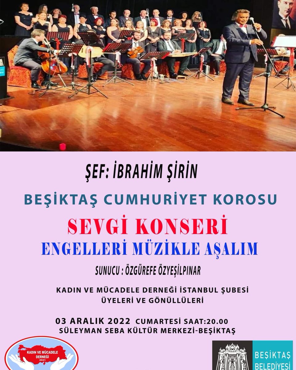 3 Aralık 2022 Süleyman Seba Kültür Merkezinde saat 20.00 deki Sevgi Konserimize hepinizi bekliyoruz.
Ücretsizdir.
Engelleri Müzikle Aşalım.