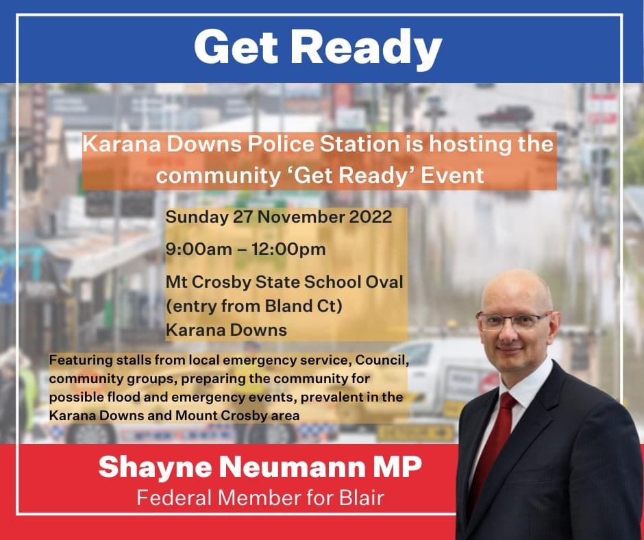 ShayneNeumannMP's tweet photo. Join me and local emergency services and community groups Sunday at the Community Get Ready morning at Mt Crosby School. It begins at 9am. Pop in and pick up information and other gear. See you there. https://t.co/zqtSK1jXyi