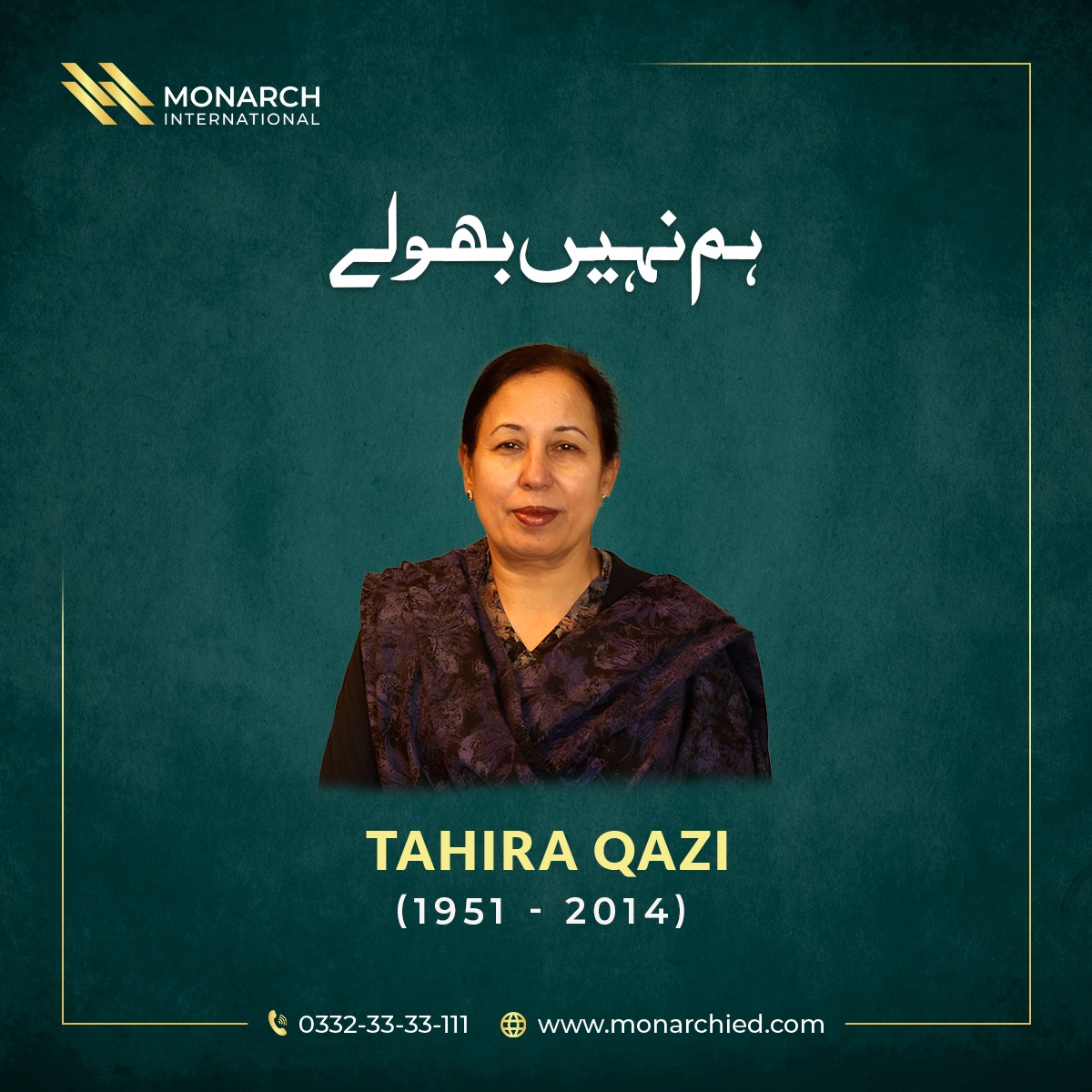monarch_pak's tweet photo. #TahiraQazi, a courageous woman from Mardan, was burned alive and martyred on #December162014 by terrorists in her cradle of education, #ArmrPublicSchoolPeshawar. She will always be remembered for her selfless sacrifice.
#humnahibhoolay
#monarchinternational #leadingexcellence https://t.co/rswfXrHvnt