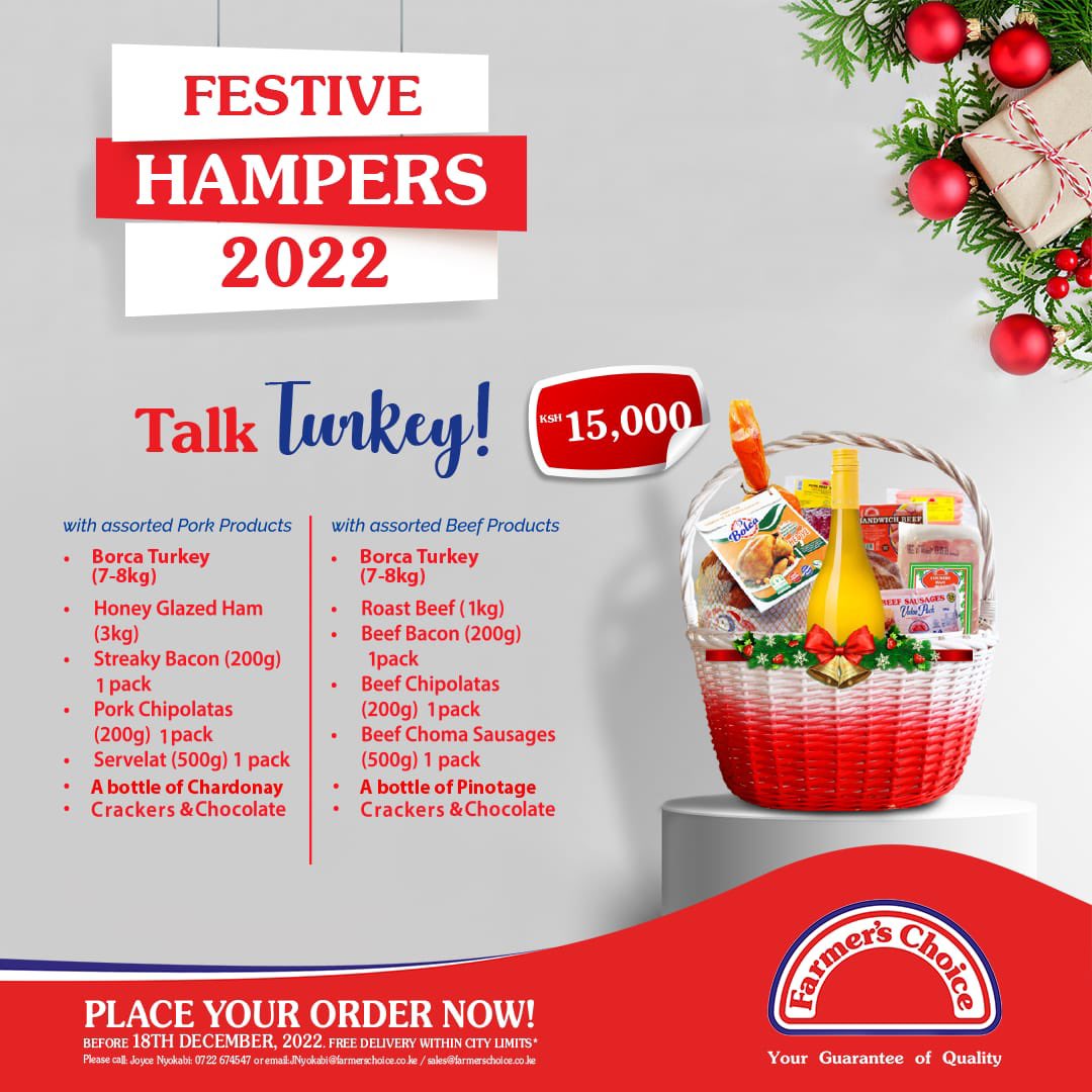 FarmersChoiceKE's tweet photo. Tumekuja na mazuri, na si moja ama mbili but mazuri kibao π. Our Festive Hampers 2022 are now live. Changamkeni wadau and place your orders.
#MyFarmersChoice #FestiveHampers2022 #PlaceYourOrders https://t.co/y2gj15k6vg