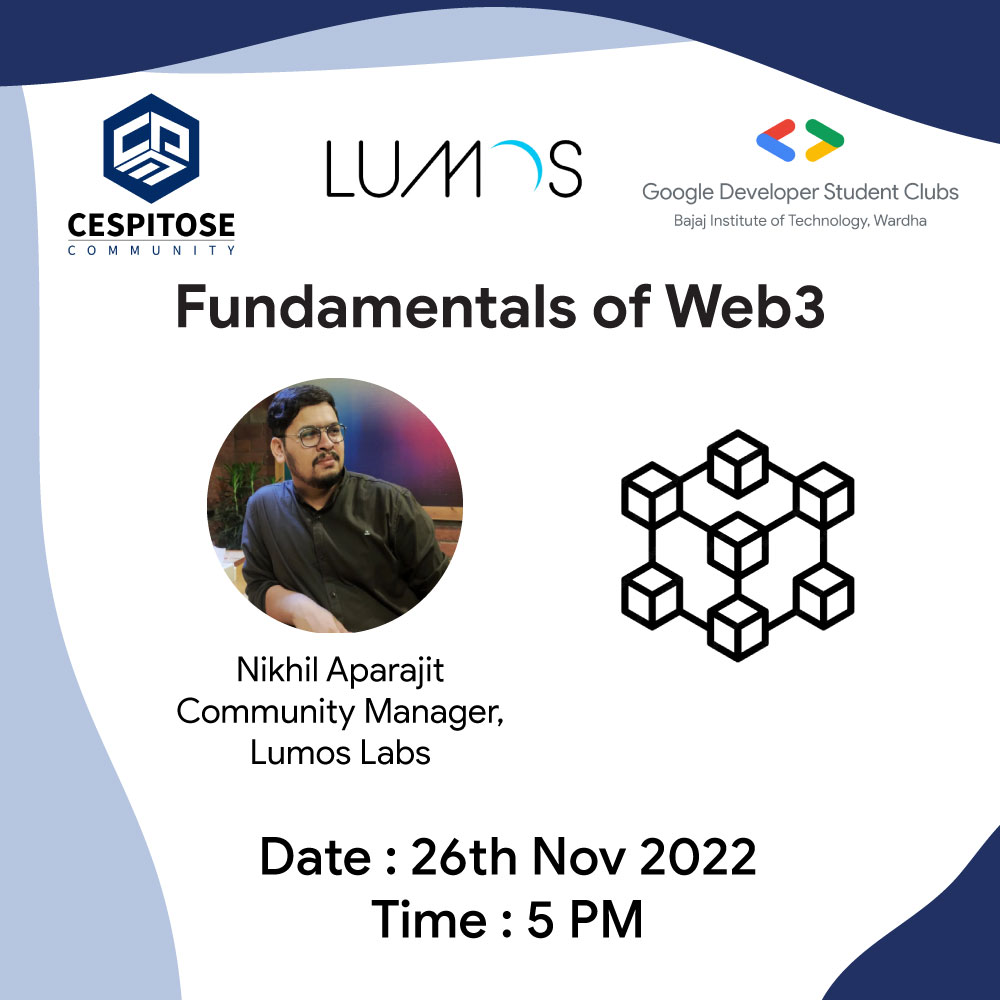 comm_cespitose's tweet photo. Greeting everyone.
Join us today at 5 p.m. for a fascinating webinar on Fundamentals of Web3 by @nikhil_aparajit  from @LabsLumos.

YT https://t.co/Ppht6mbP4e

Community Partner @GDSCBITW https://t.co/fs7qxREsds