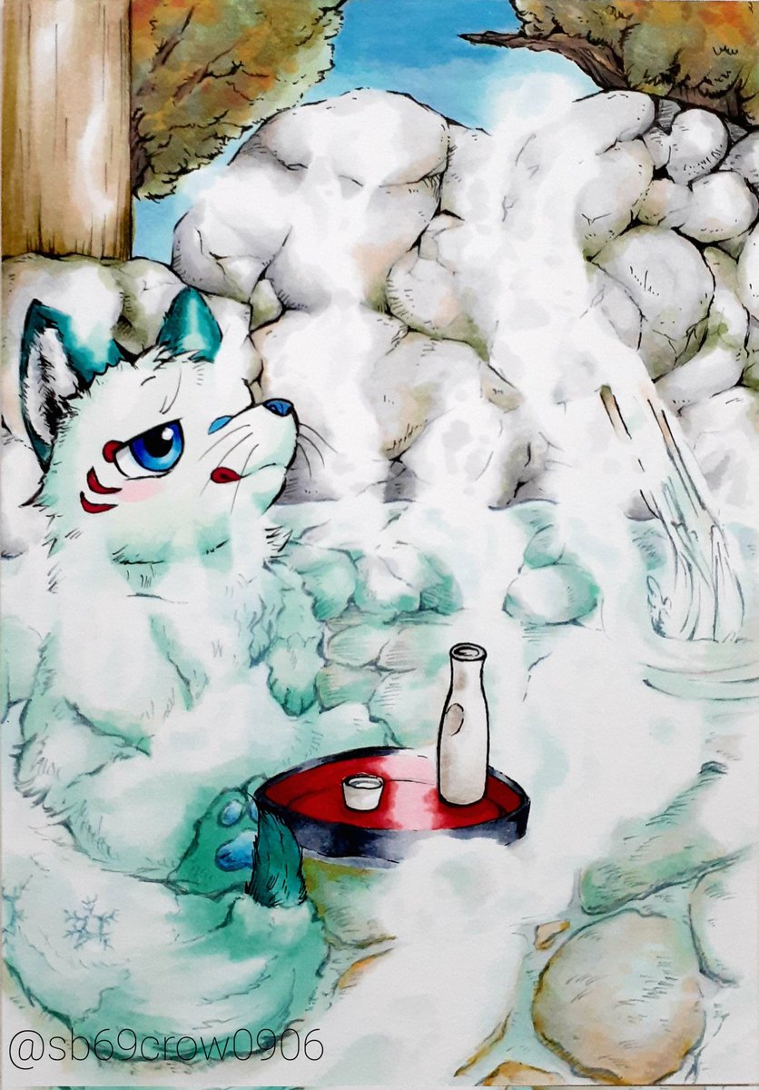 no humans onsen tokkuri blue eyes snow choko (cup) cup  illustration images