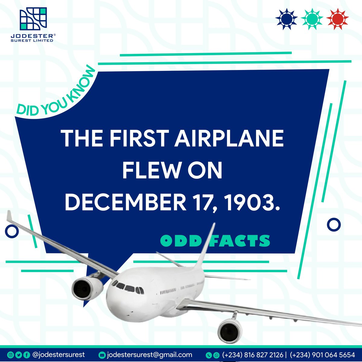 jodestersurest's tweet photo. Odd Facts
The first airplane flew on December 17 1903
#oddfacts #joedester #jodester #explore #graphicsdesign #designer #dataanalyst #freelancing #digitalmarketing #business #growth https://t.co/LnHO53KSK3