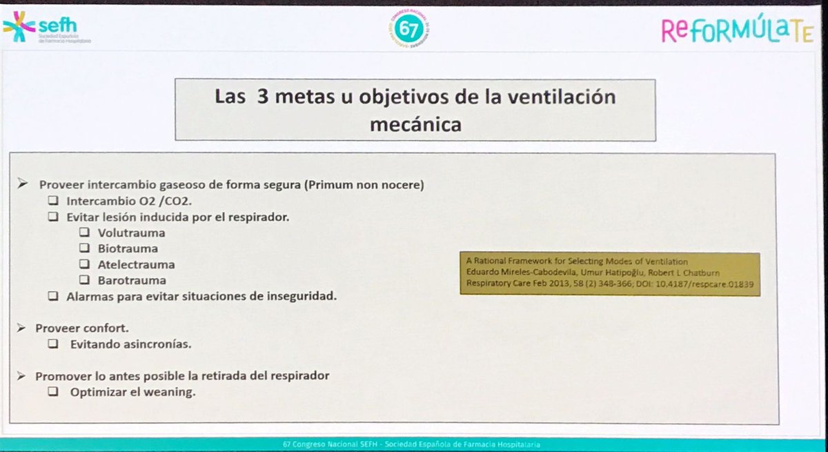 Ventilación mecánica y terapia inhalatoria en paciente crítico:

❗️Estandarización vocabulario
❗️Definir la VM por 3 conceptos
❗️Las 3 metas de la VM:
-- intercambio gaseoso de forma segura
--confort
--posibilitar retirada respirador lo antes posible

Taller <a href="/FarMIC_SEFH/">FarMIC</a> #sefh22