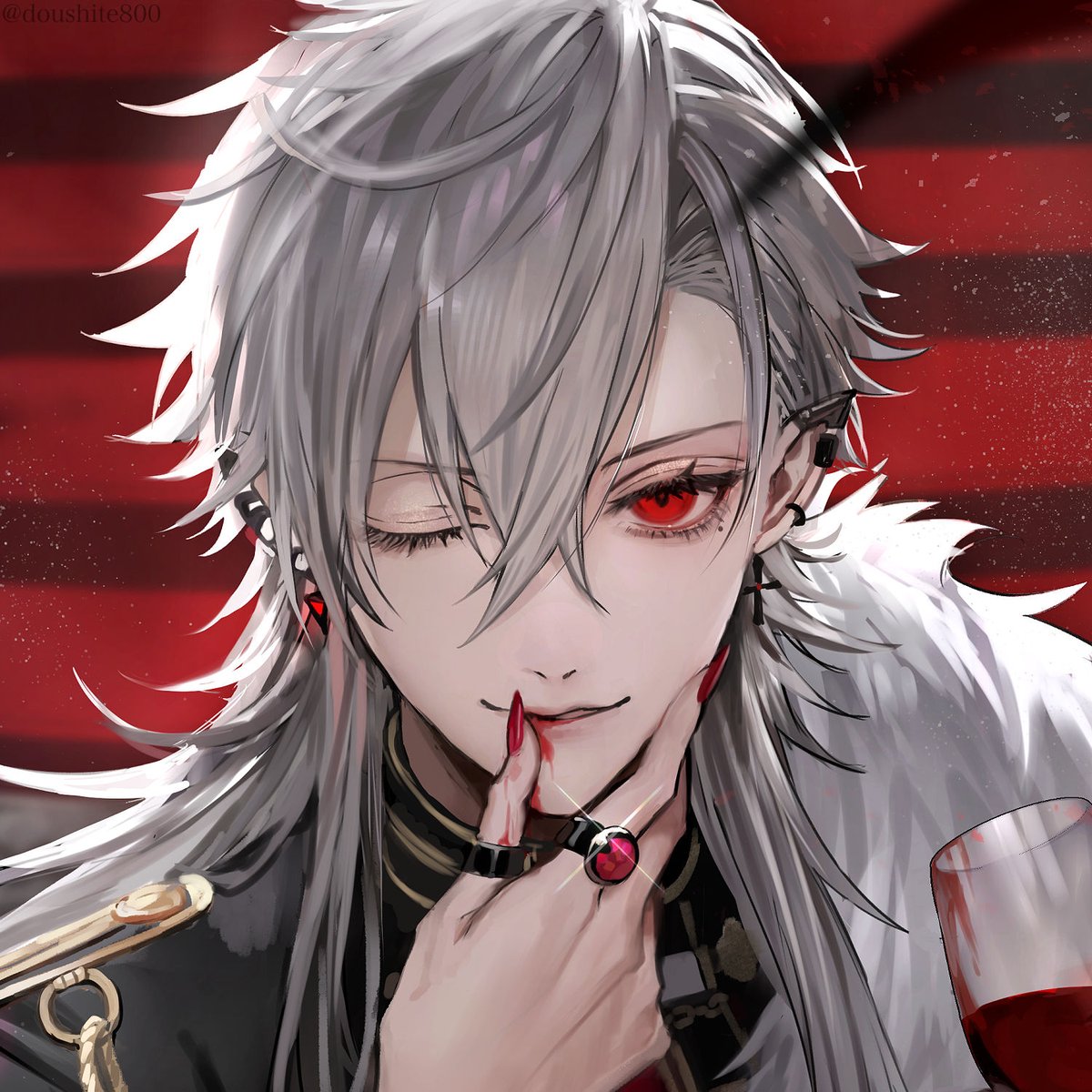 kuzuha (nijisanji) jewelry male focus 1boy red eyes solo ring ear piercing  illustration images