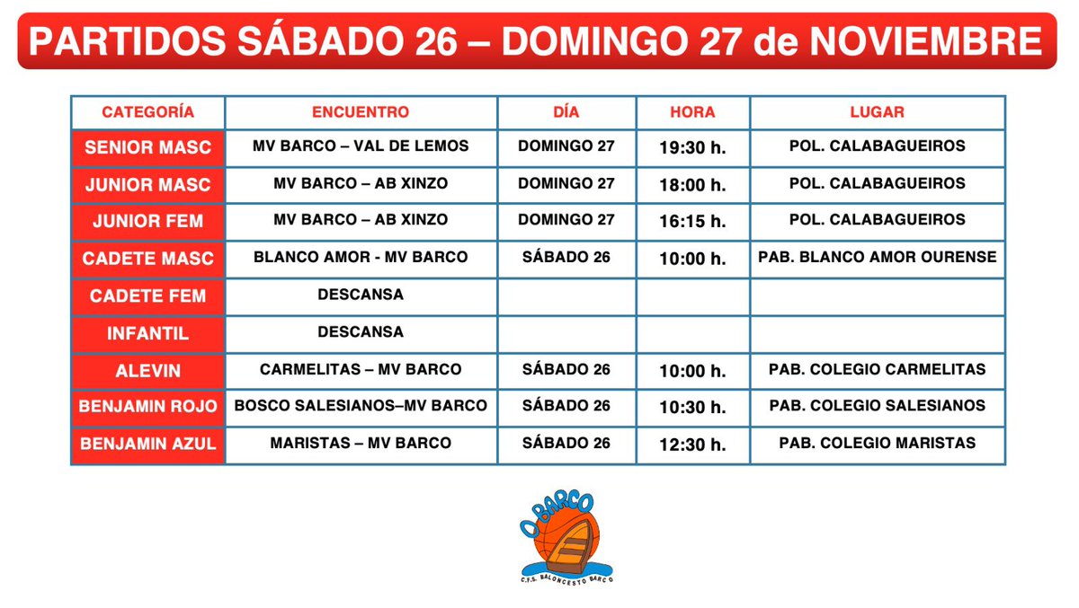 PARTIDOS 26-27 NOVIEMBRE
¡Nos vemos el domingo en CALABAGUEIROS!
#MVB