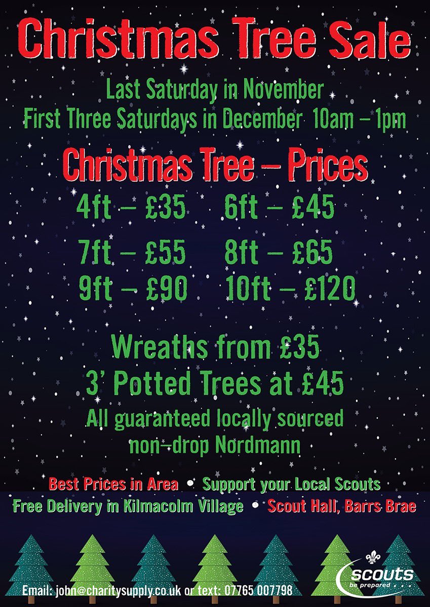 🎄🎄It’s Christmas!!! (almost!) 🎄
Kilmacolm Scout Group are selling their beautiful Christmas trees again this year - if you are looking for your tree to be up in time for 1 December then pop along to the Scout Hut today. All details below.