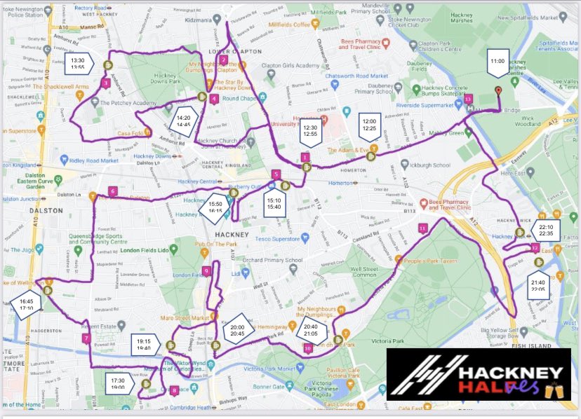 On the #HackneyHalves crawl today. Follow the route of the #HackneyHalf and drink half a pint in each pub stop 💁🏻‍♂️ 13.1 miles, 6.5 pints. Gonna take perhaps 11 hrs. Wish us luck 🍺🥇
