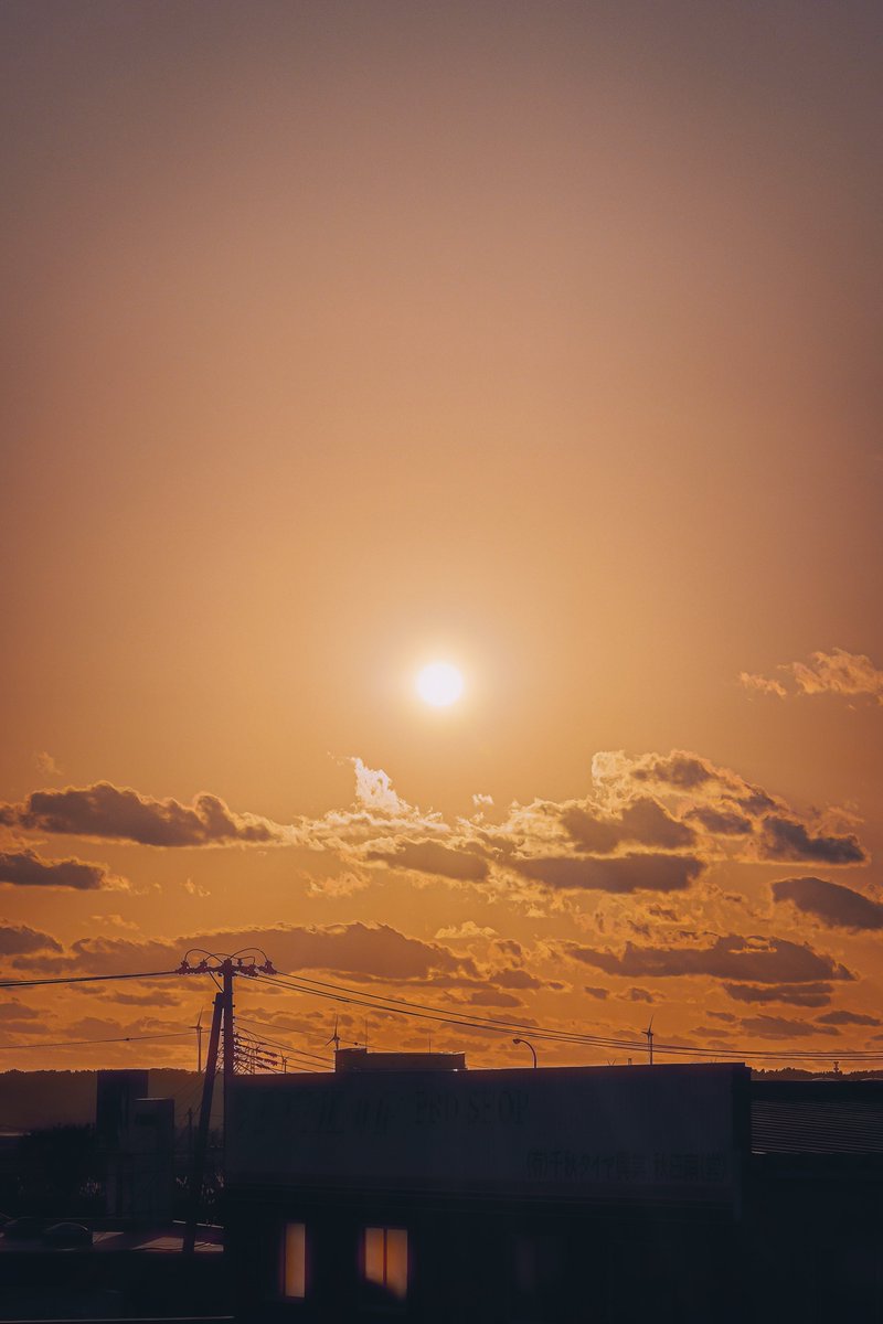 職場裏の夕暮れ空を(*´꒳`*)まん丸な夕陽がとっても綺麗に輝いていたにゃあ♪