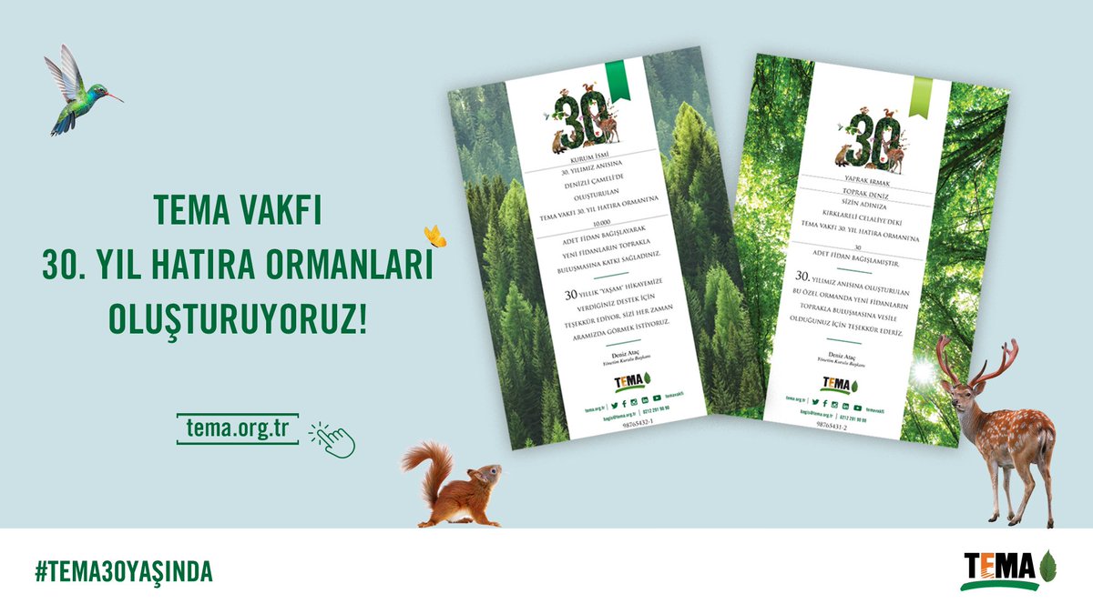 30. Yılımız Anısına Oluşturacağımız Ormanlarla Tüm Canlılar Mutlu Olacak 💚

🌳 Bu yıl Vakfımızın 30. yaşını kutlamanın heyecanını yaşıyor ve bu önemli yılın anısına Türkiye’nin 7 bölgesinde “TEMA Vakfı 30. Yıl Hatıra Ormanları” oluşturuyoruz.