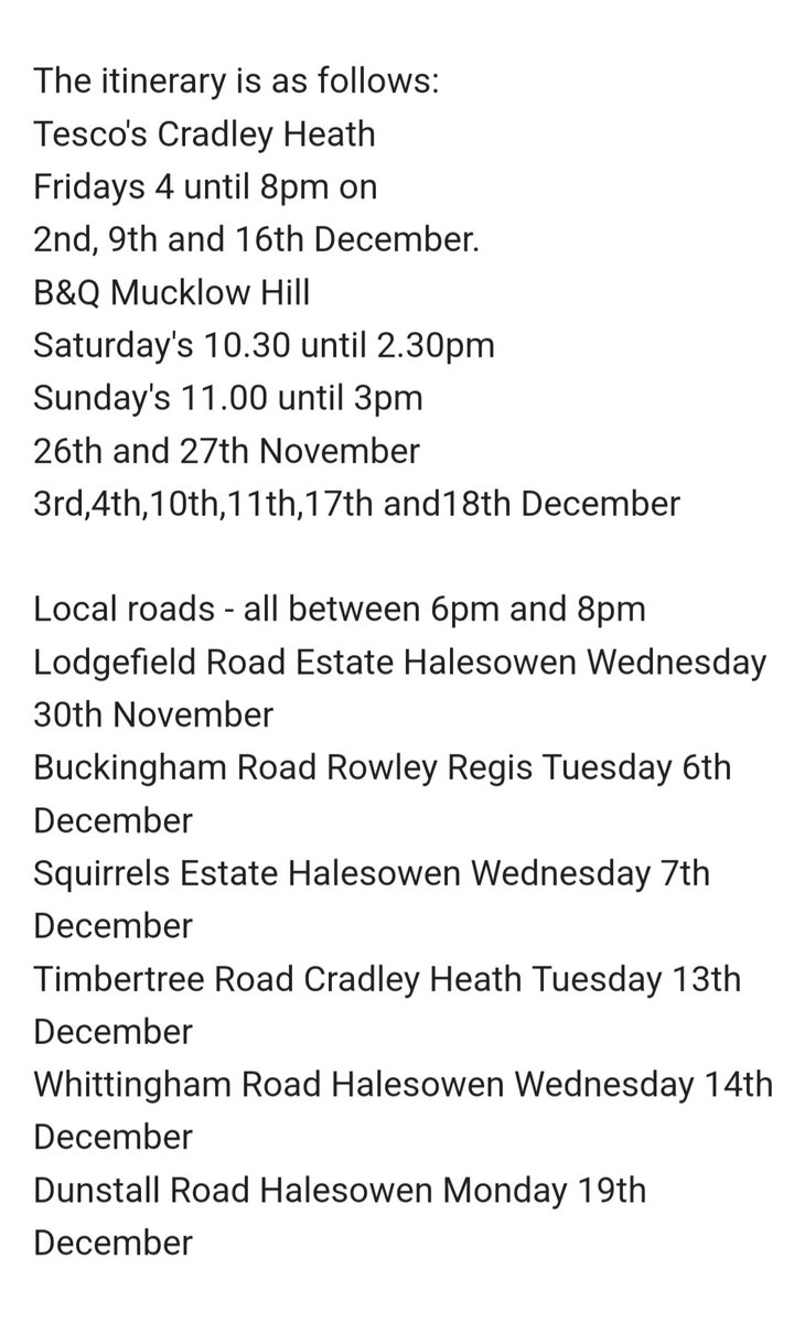 Click below for our current timetable in Halesowen, Cradley Heath and Rowley Regis. Please share and spread the word.