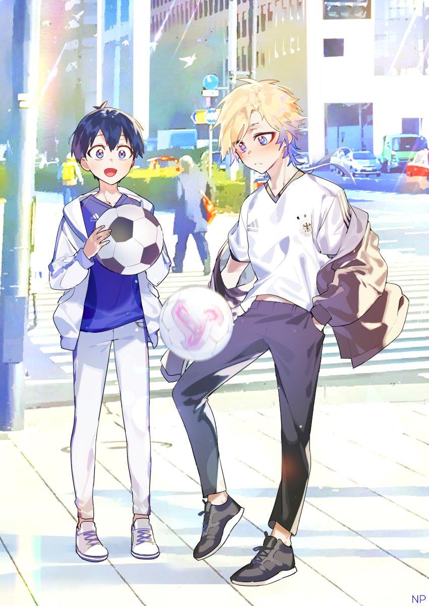 soccer ball multiple boys ball blonde hair 2boys male focus blue eyes  illustration images