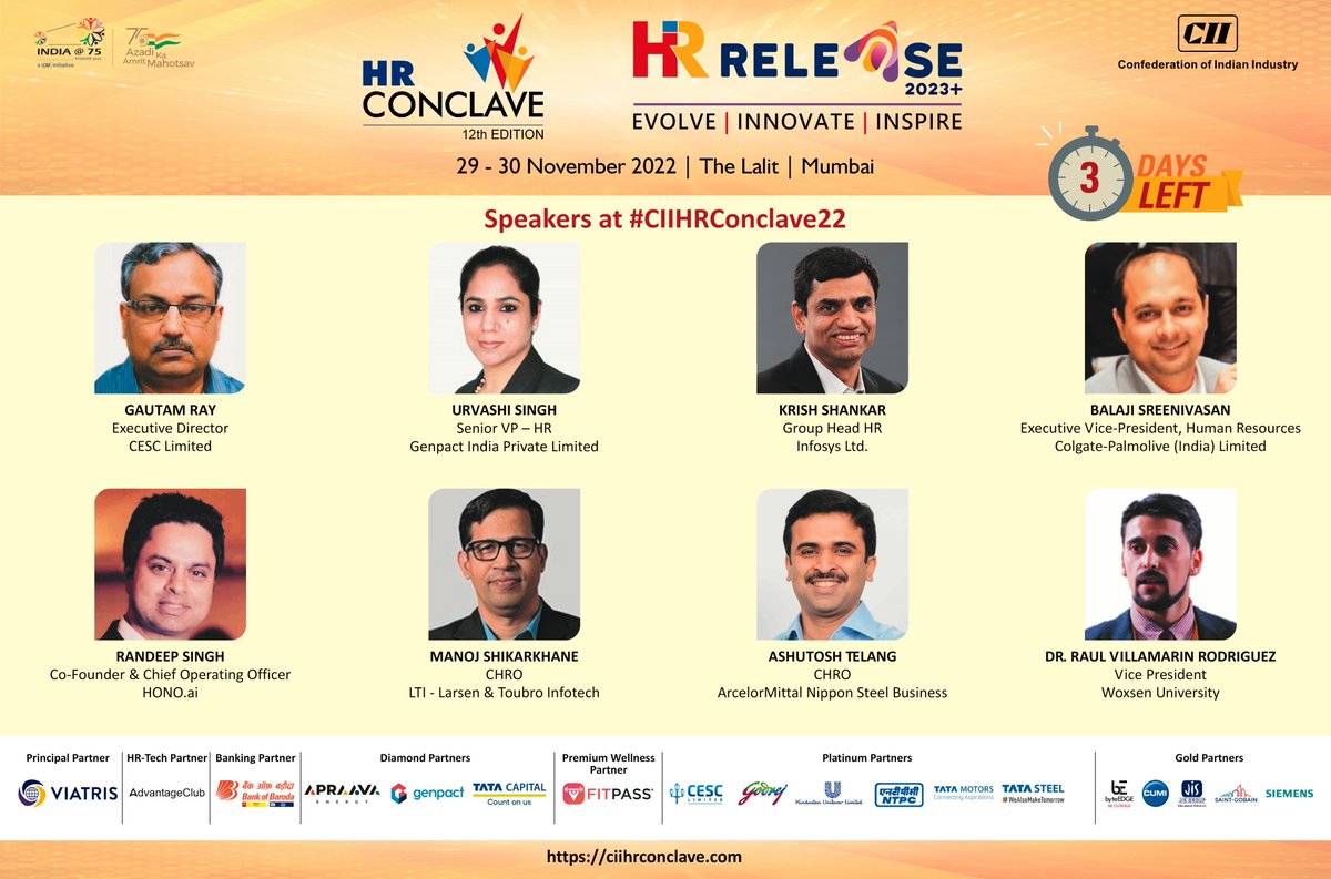 The 12th CII HR Concalve is just round the corner, only 4 days left. Have you reserved your seat to hear insights from industry experts? Visit - ciihrconclave.com #CIIHRConclave22 #humanresources #culture #hr #people #chro #hrconference #peopleandculture
