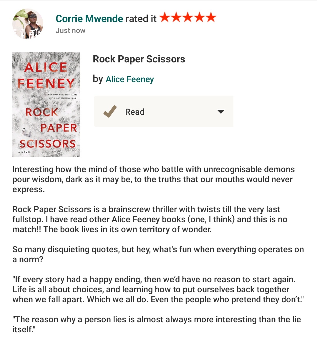 corriemwende's tweet photo. Rock Paper Scissors 📕is a brainscrew thriller with twists till the very last fullstop. It lives in its own territory of wonder. 

So many disquieting stories❗️

"The reason why a person lies is almost always more interesting than the lie itself."

⭐️⭐️⭐️⭐️⭐️/5

#BookAreFun📚 https://t.co/jjIxSD5LFd