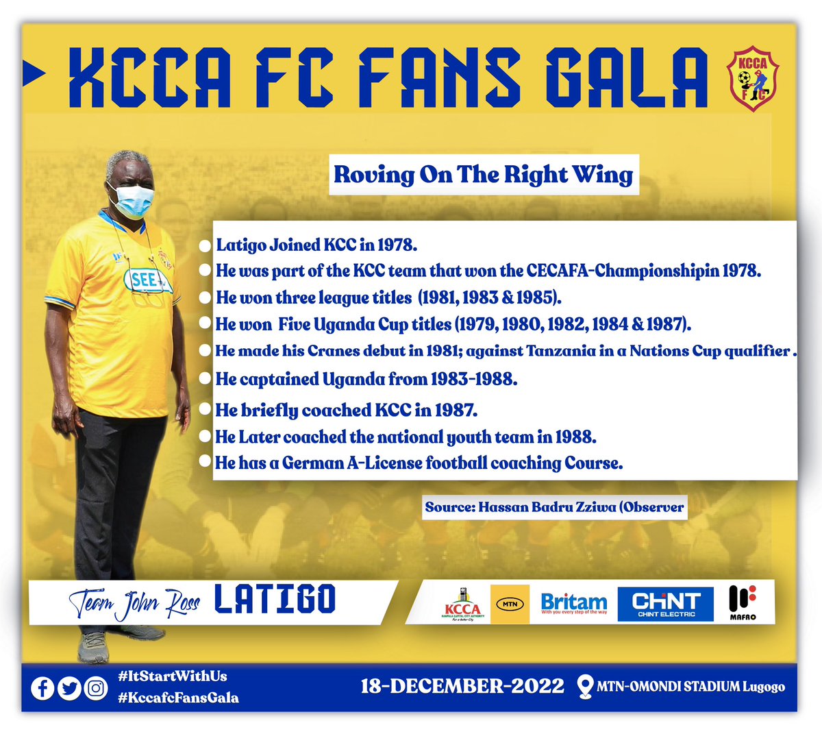 TeamLatigo's tweet photo. A champion is one who is remembered. A legend is one who is never forgotten.
So Make your mark now, Make your mark today, Make your mark forever.

A few facts about the @KCCAFC living legend John Ross Latigo. 

#ItStartsWithUs #Latigo @FanzoneKcca @mtnug #KCCAFCFansGala https://t.co/nGBGRjRH76