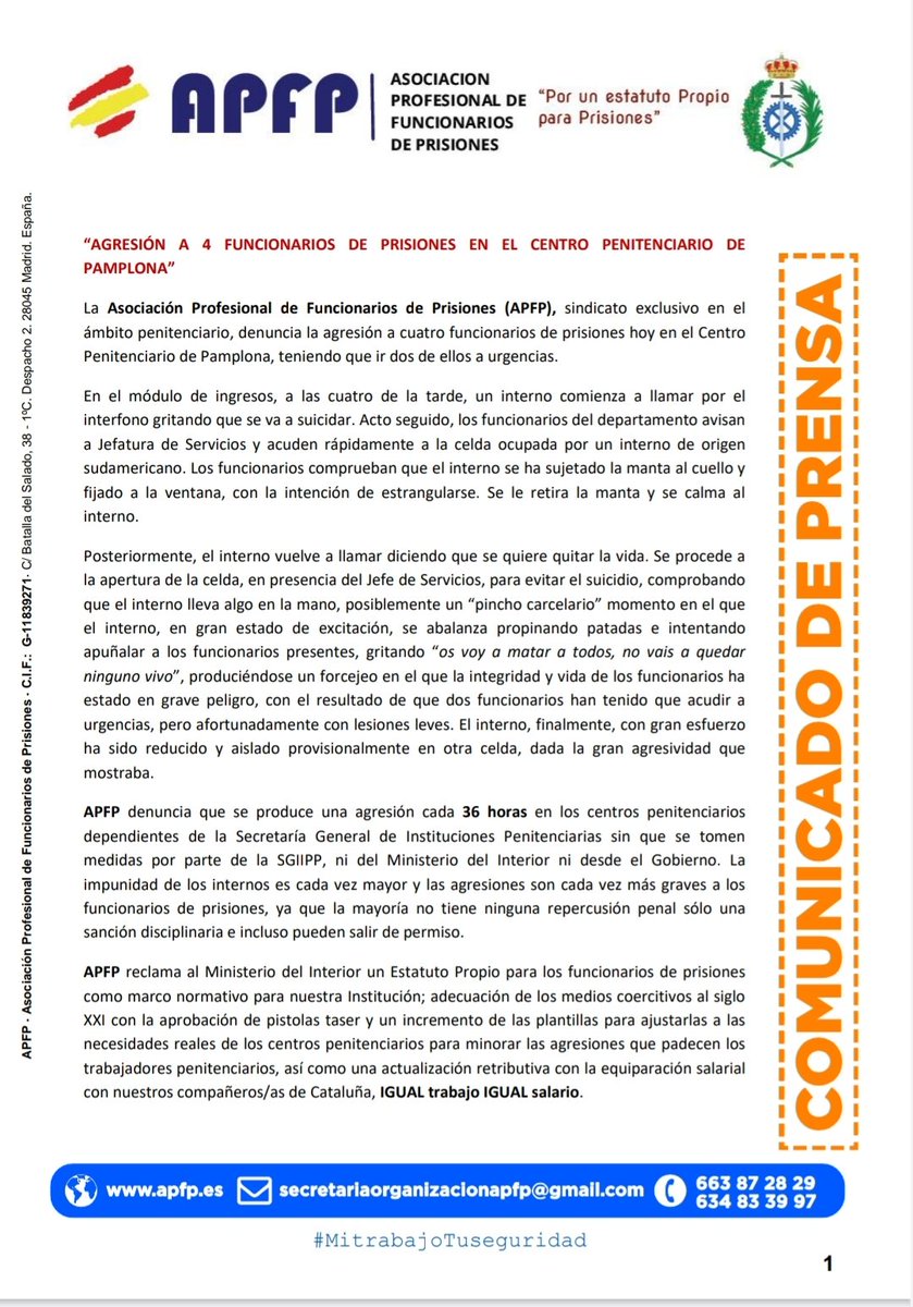 Tecnef's tweet photo. 🛑 AGRESIÓN GRAVE EN EL CP PAMPLONA I🛑

25 de Noviembre del 2022.

Se adjunta Nota informativa. 

Ánimo a los compañeros agredidos y espero y deseo su pronta recuperación. 

#sosprisiones #mitrabajotuseguridad @APFP_ES @IIPPGob @interiorgob https://t.co/FP1ekHACe1