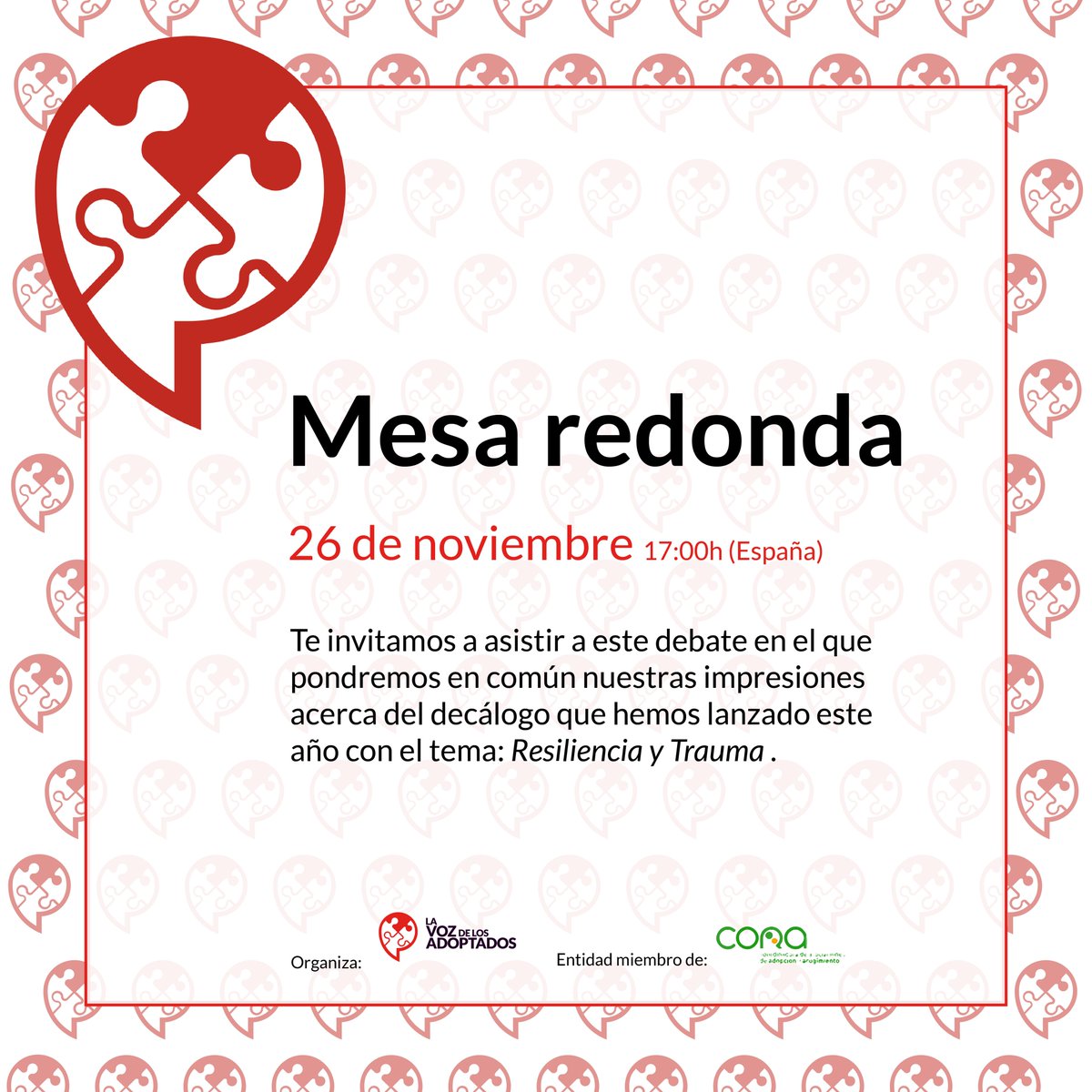Esta tarde 26 nov a partir de las 17.00 h (Madrid), celebraremos una mesa redonda (online) sobre el Día Internacional de la Adopción y sobre el "decálogo" que ha hecho LVdA.
Compartiremos el enlace a la mesa 15 minutos antes en todas nuestras redes.
+info: lavozdelosadoptados.es/mesa-redonda/