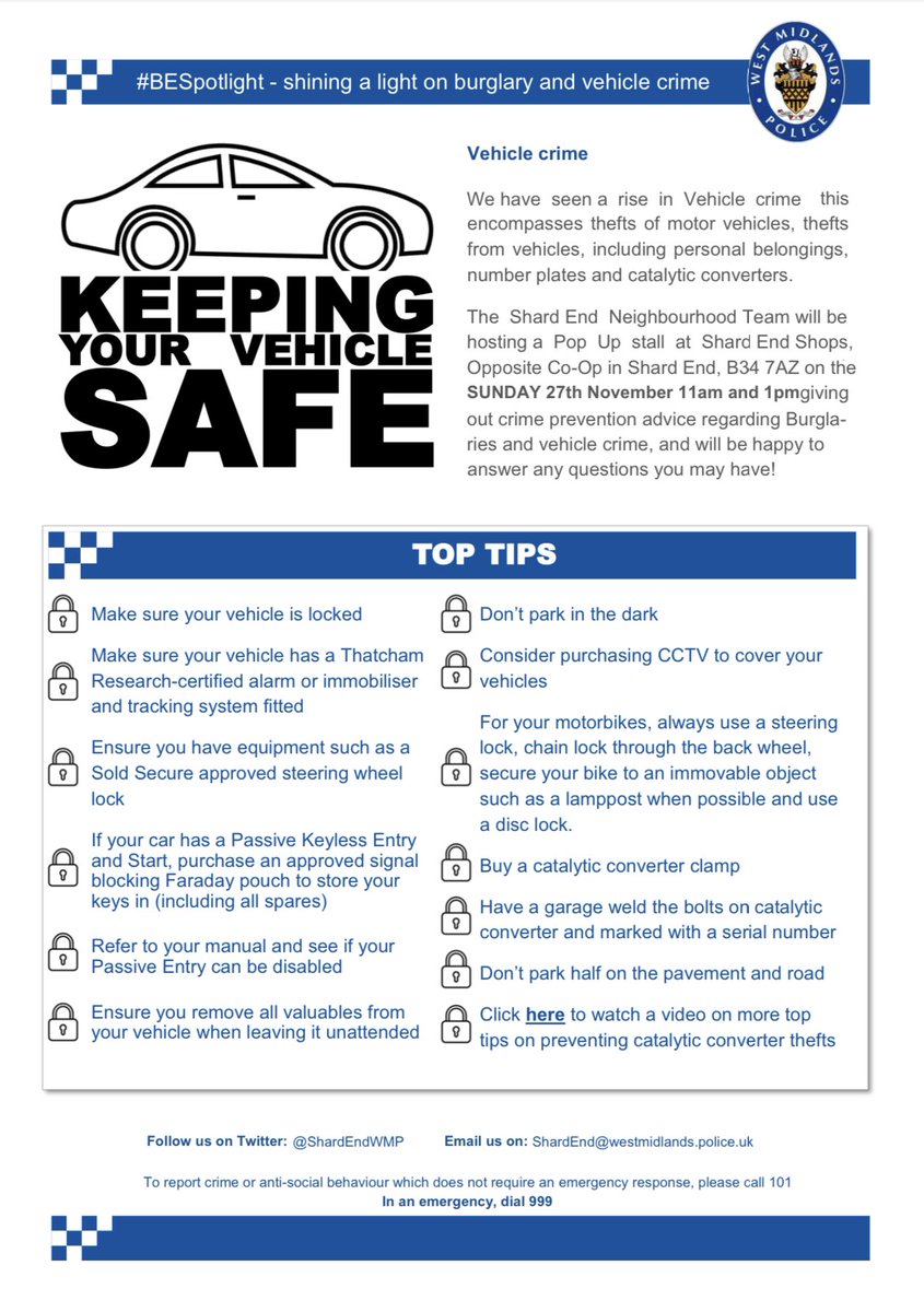 ShardEndWMP's tweet photo. @ShardEndWMP Neighbourhood Team will be hosting a Pop Up stall at Opposite Co-Op in Shard End, B34 7AZ on the SUNDAY 27th November 11am and 1pm giving out Crime Prevention advice regarding Burglaries and π related Crime. Team will be Happy to Answer any Questions you may have. https://t.co/ltYhoFDEmq